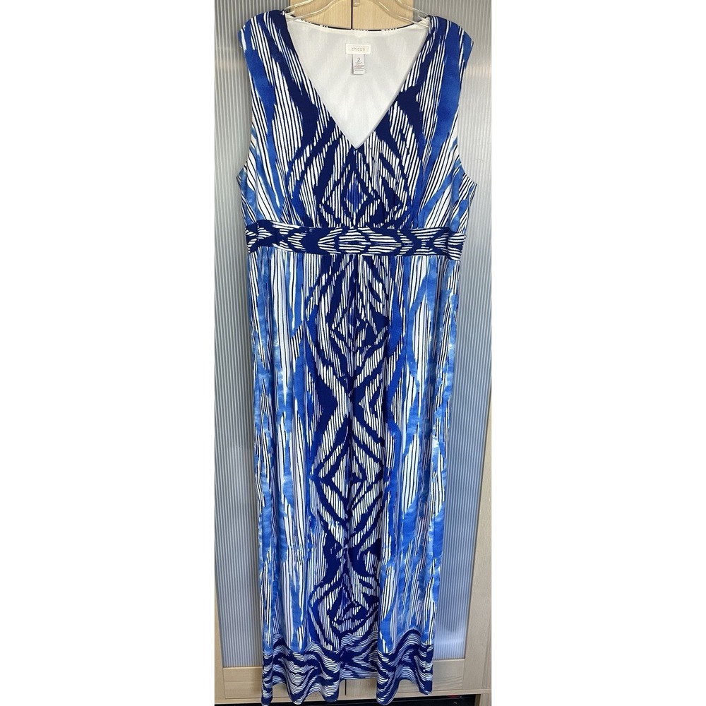 Chico's 2 Maxi Dress Women's XL Sleeveless Blue White V Neck Lined Resort Beach